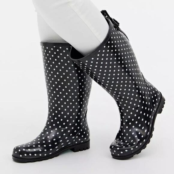 Torrid 9WW Wide Width Black/White Polka Dot Rubber Rainboots Knee Rain Boots New - Picture 2 of 4